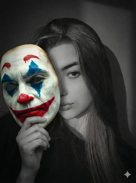 Grayscale woman with vivid clown mask portrait prompt