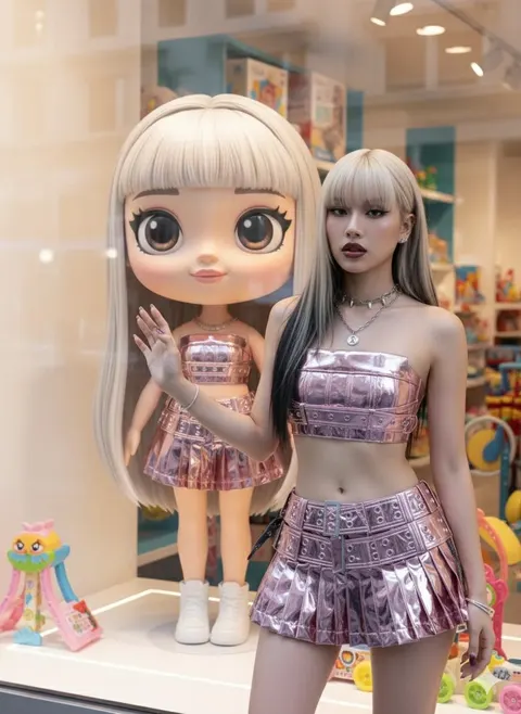 Luxury toy shop window twin doll fashion prompt