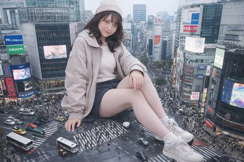 Shibuya giant girl drone photo prompt