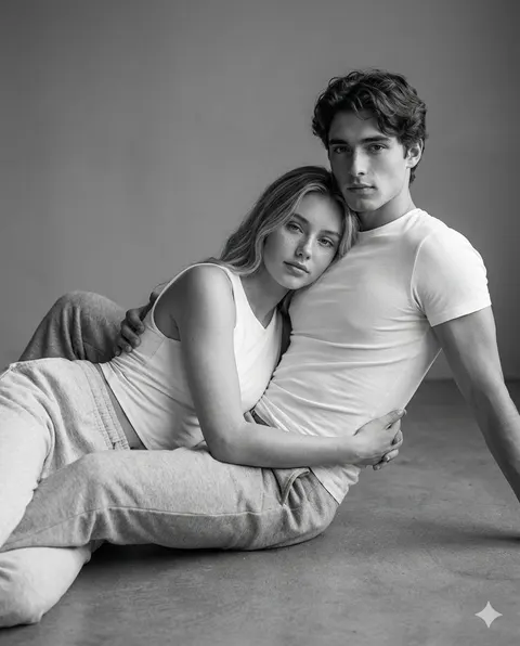 Contemporary B&W couple studio portrait prompt