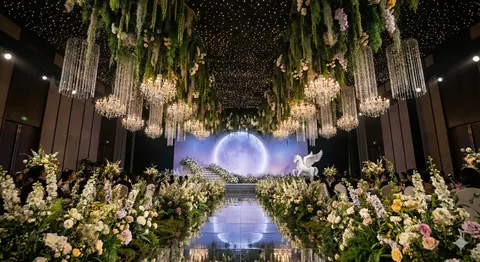 Surreal luxury forest wedding hall prompt