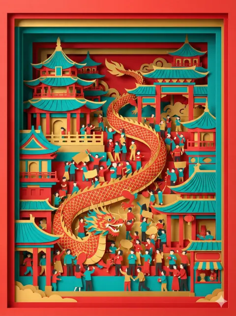 纸雕庙会场景提示词
