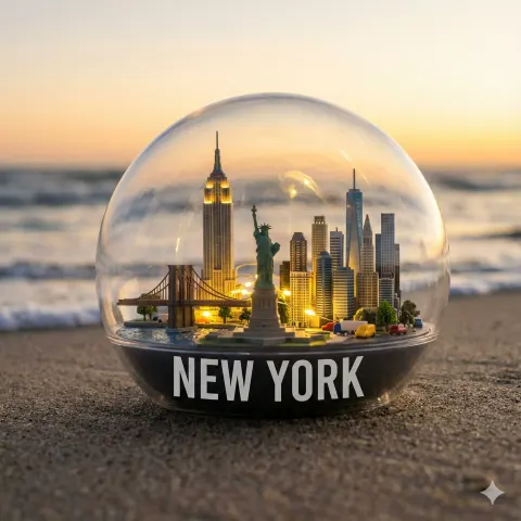 Miniature city capsule on beach prompt