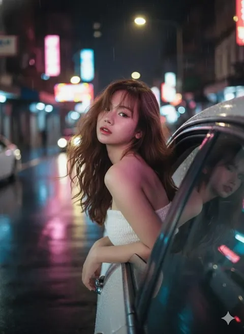 Vintage windy car-window night portrait prompt
