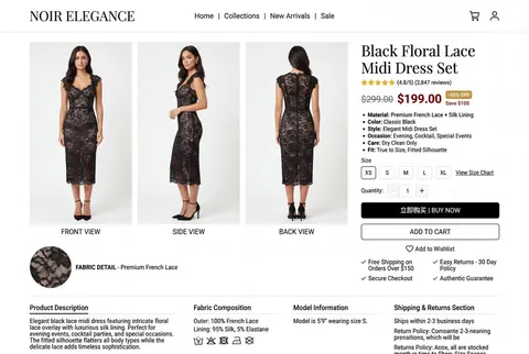 Black lace dress multi-view e-commerce prompt