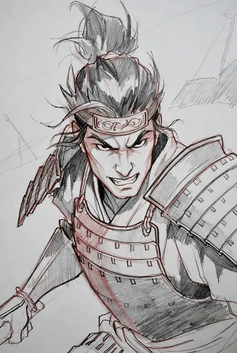 Emotive pencil sketch samurai prompt