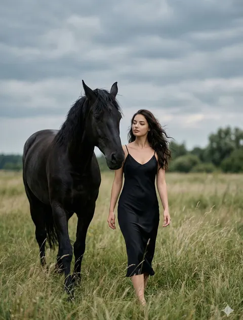 Cinematic woman and black horse prompt