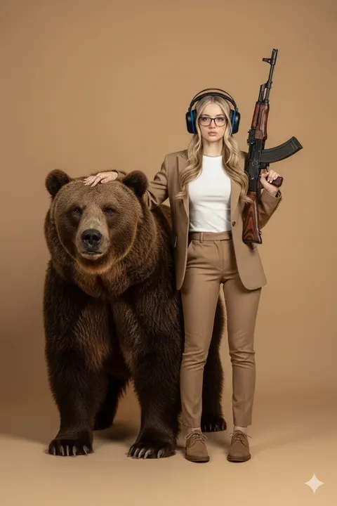 Surreal studio woman and grizzly bear portrait prompt