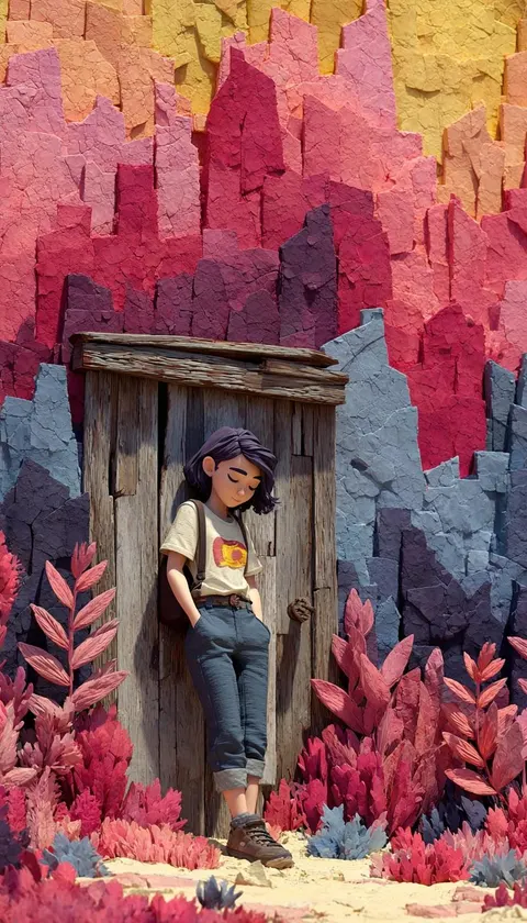Pixar-like 3D girl leaning on textured wall prompt