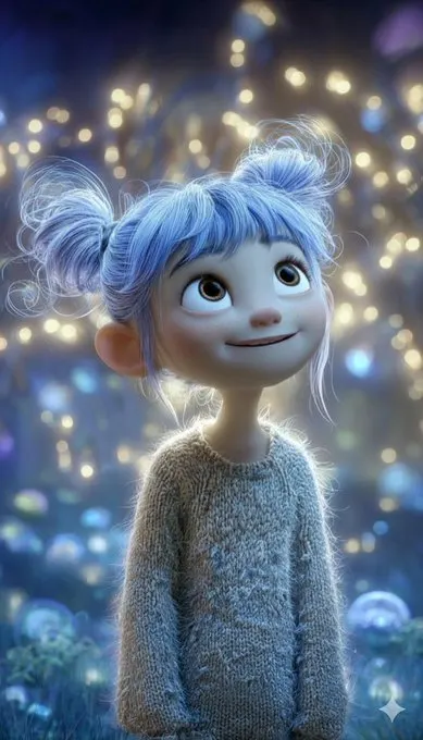 Whimsical 3D girl with blue hair buns prompt