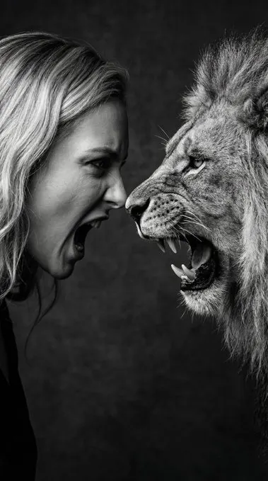 Monochrome human–lion confrontation portrait prompt
