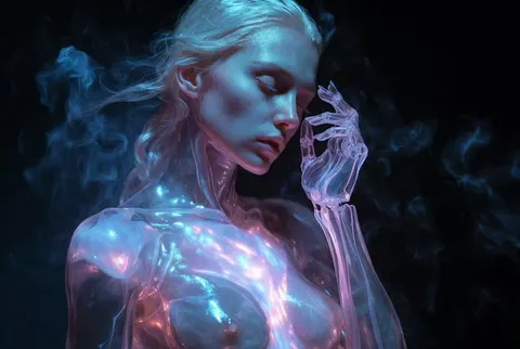 Glowing glass woman fantasy cyberpunk portrait prompt