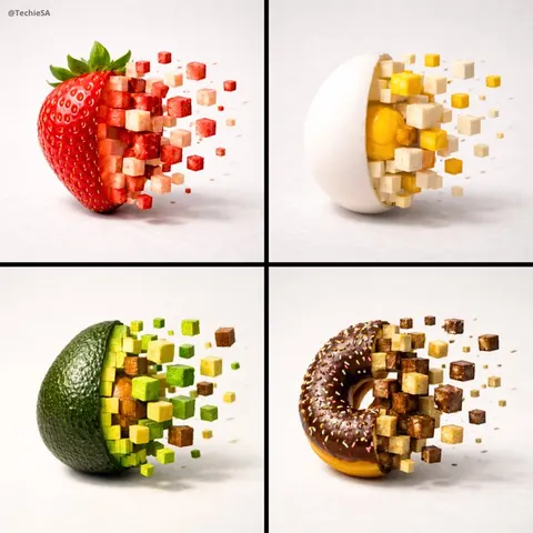 Pixelized food transformation close-up prompt