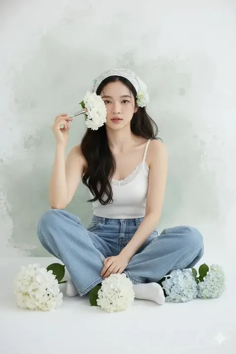 Dreamy headscarf hydrangea portrait prompt