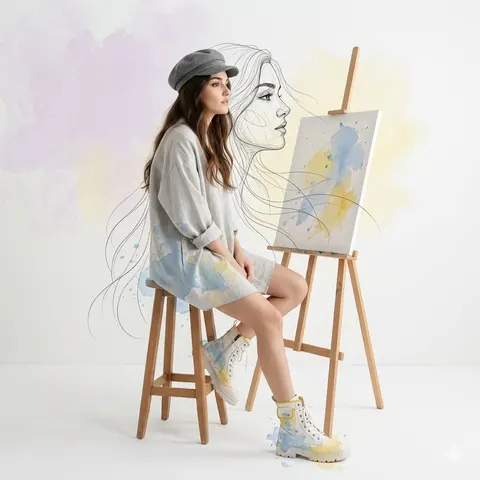 Artist portrait with wireframe overlay prompt