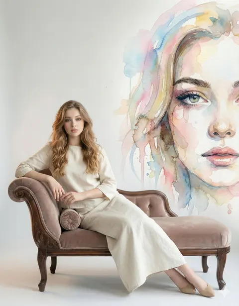 Fine-art studio portrait with watercolor mural prompt