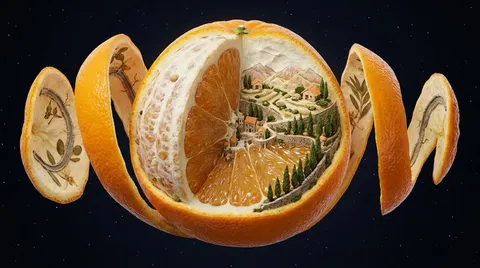 Orange micro-world peelaway render prompt