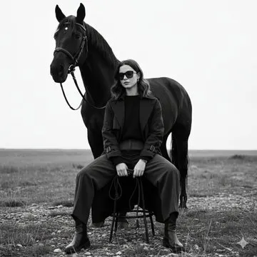 Monochrome fashion portrait with horse prompt