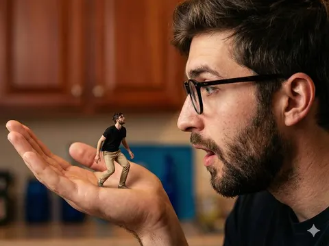 Forced-perspective giant and miniature man prompt