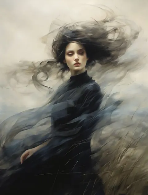 Gothic windswept smoke-dress portrait prompt