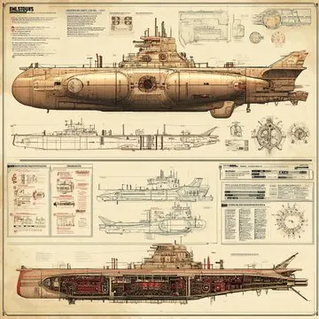 Retrofuturistic steampunk blueprint prompt