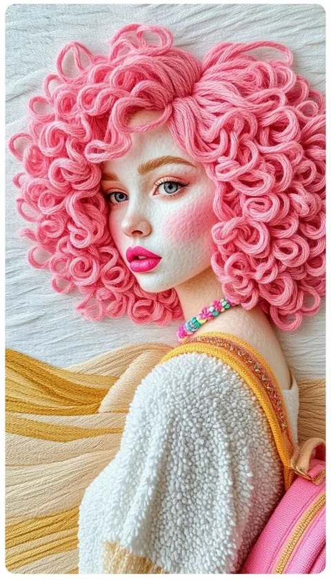Pastel-pink yarn hair girl 3D portrait prompt