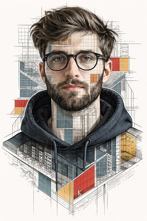 Blueprint line-art conceptual portrait prompt