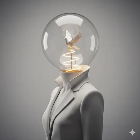 Lightbulb and white bird conceptual sculpture prompt