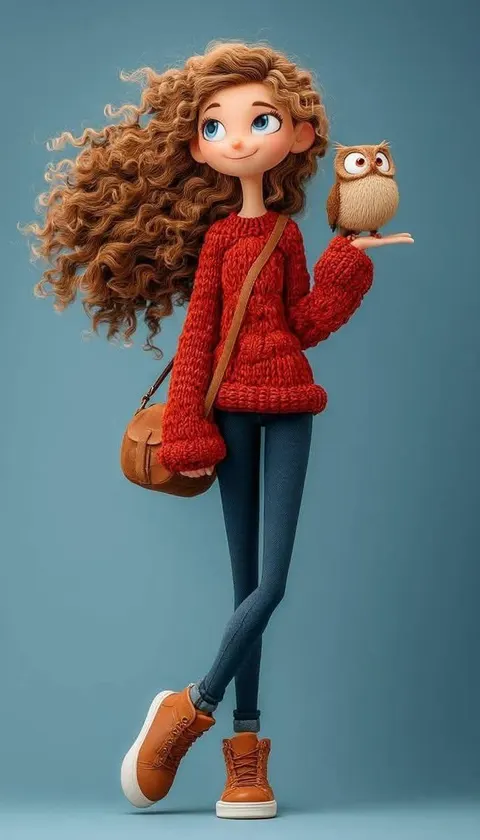 3D girl with tiny owl character prompt