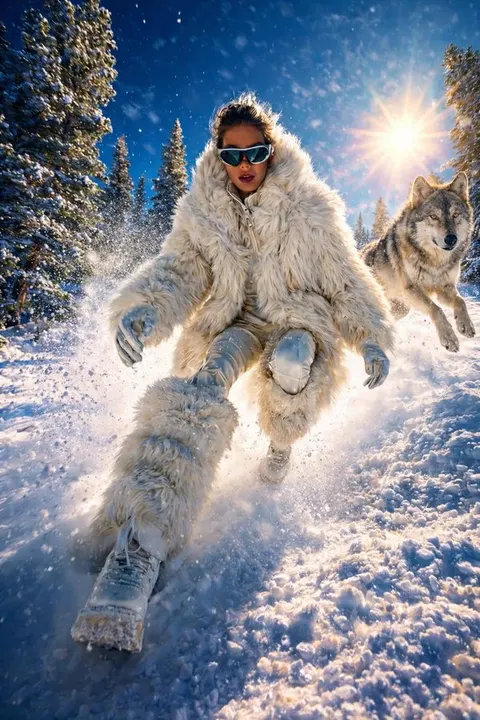 Winter runner woman and wolf prompt