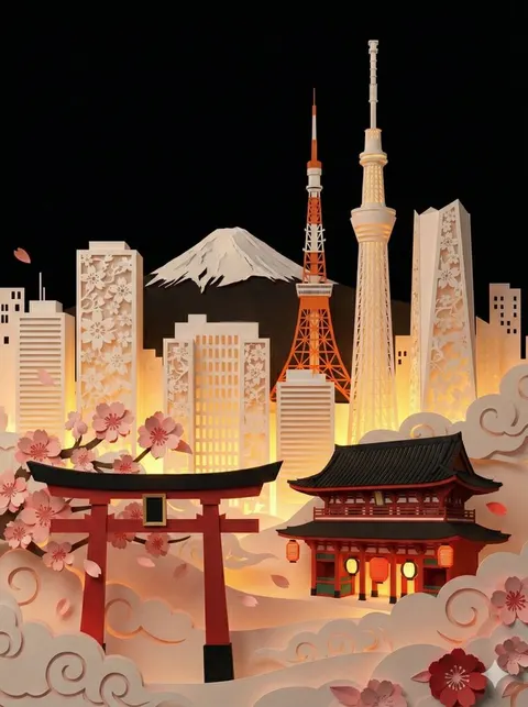 Layered paper cut city diorama prompt