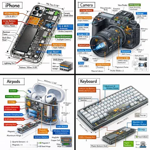 Isometric teardown technical infographic prompt