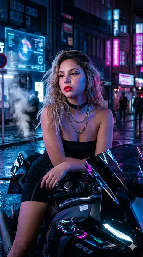 Cyberpunk motorcycle woman fashion prompt