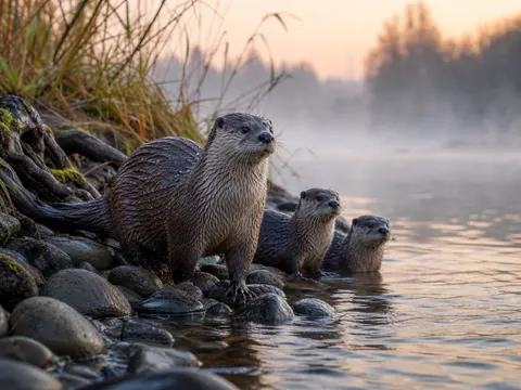 Misty Riverbank Otter Family Wildlife Photography Prompt
