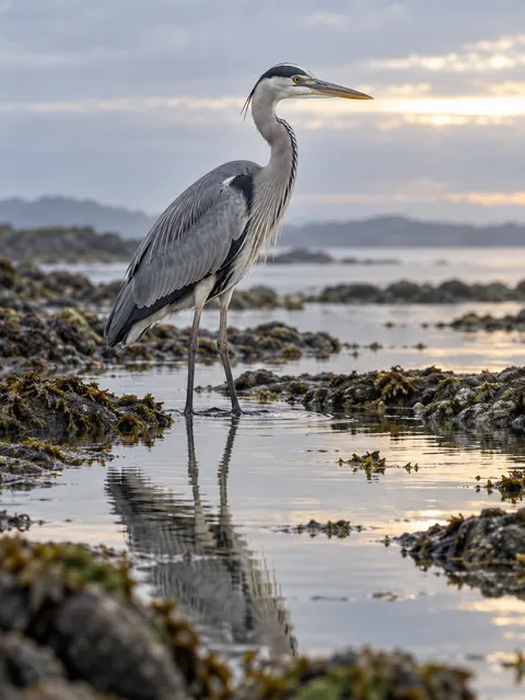 Grey Heron Tidal Pool Reflection Wildlife Photo Prompt