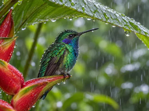 Hummingbird in Tropical Rain Macro Photo Prompt