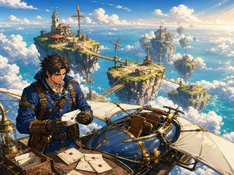 Floating Island Sky Courier Anime Illustration Prompt