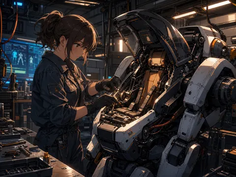 Mecha repair bay anime concept prompt