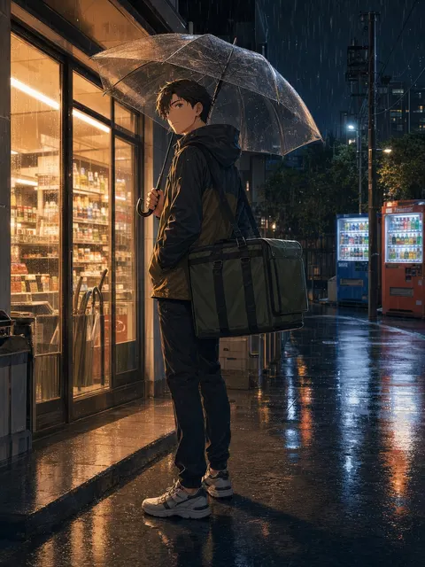 Rainy convenience store courier anime prompt