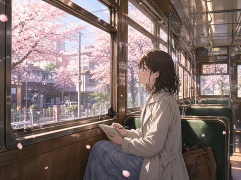 Sakura tram window anime illustration prompt