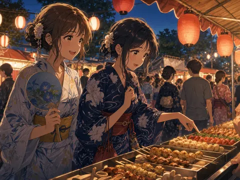 Summer festival food stall anime prompt