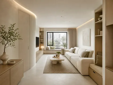 Creamy Small Apartment Living Room Design Prompt
