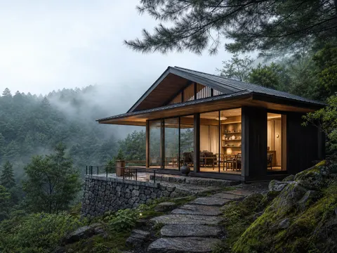 Mountain tea house architecture prompt