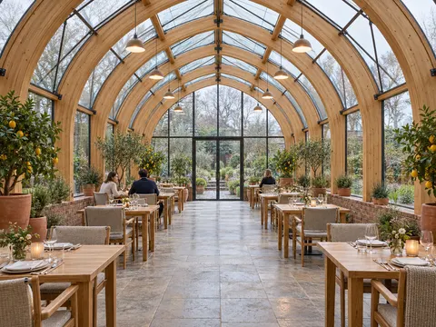 Timber Greenhouse Restaurant Long Aisle Architecture Prompt
