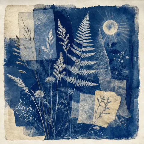 Cyanotype botanical collage art prompt