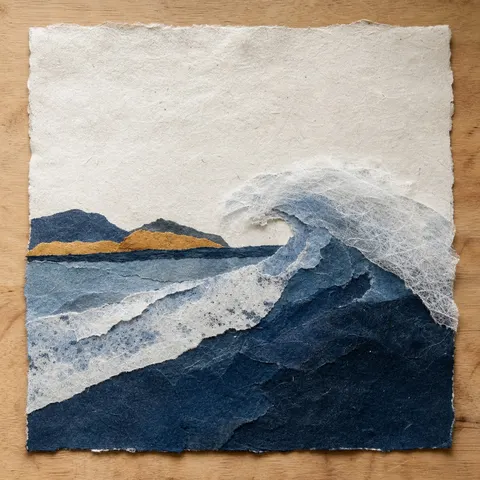 Handmade Cotton Paper Ocean Wave Collage Art Prompt
