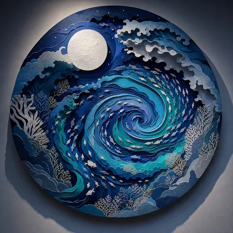 Moonlit Ocean Current Paper Cut Art Prompt