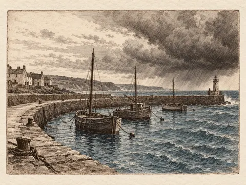 Storm Harbor Copperplate Etching Art Prompt