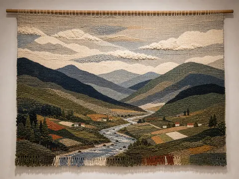 Woven mountain valley tapestry art prompt