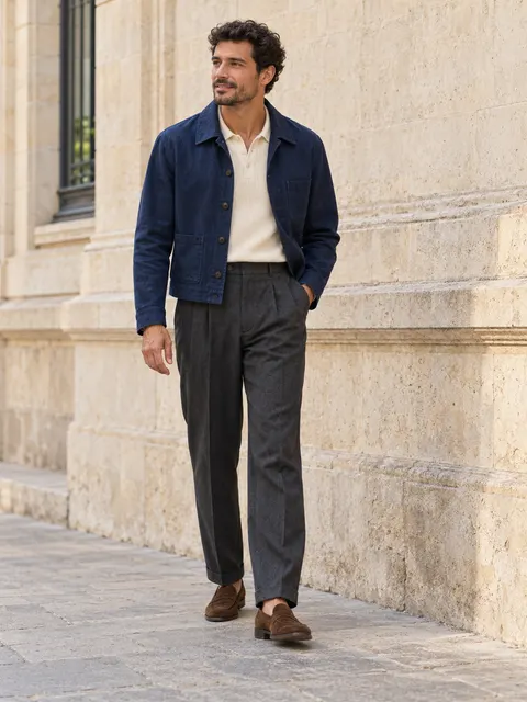 Indigo Cropped Jacket Menswear Layered Fashion Prompt